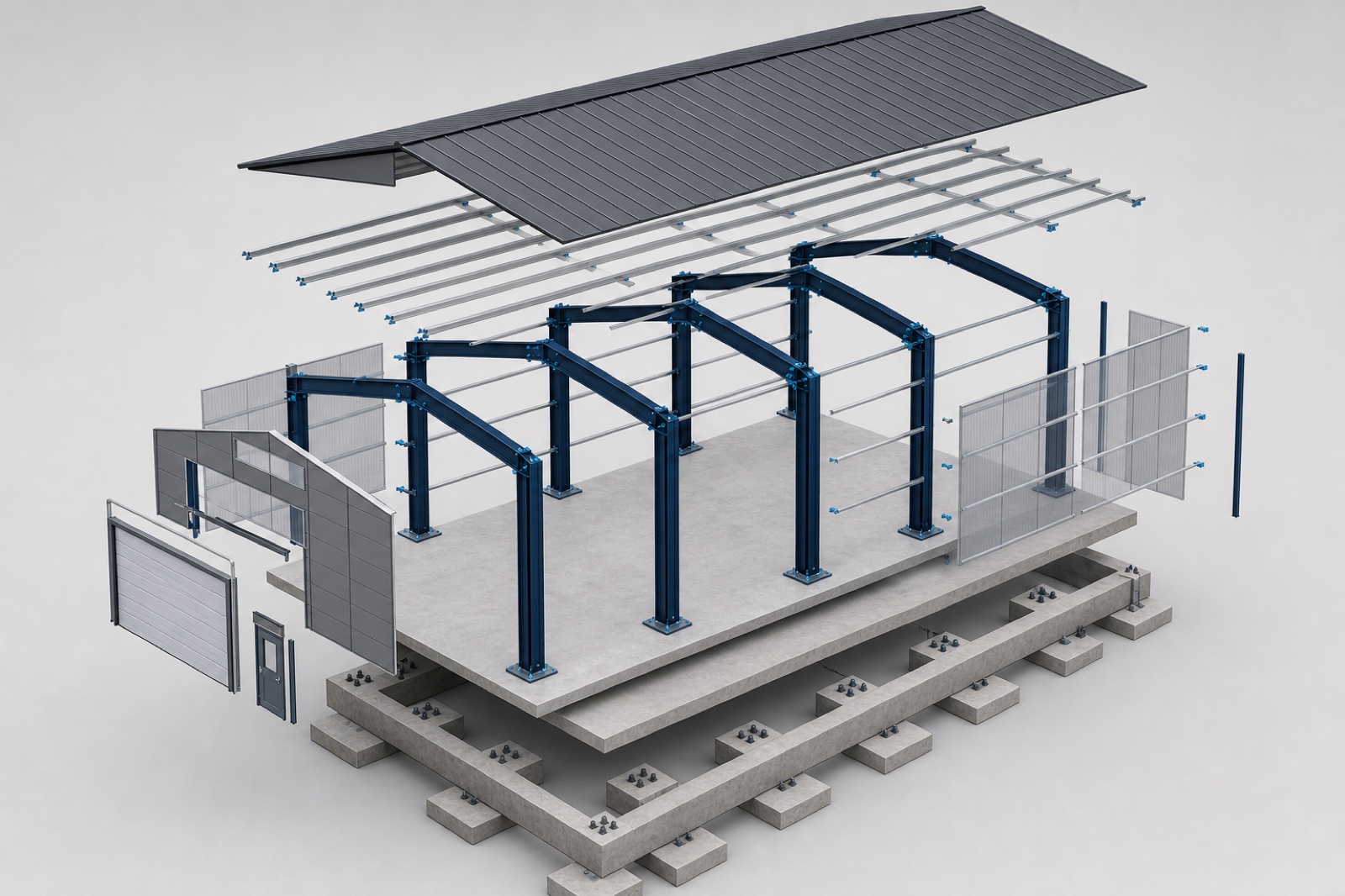 Explodierte Baugruppenansicht eines modularen Gebäudes